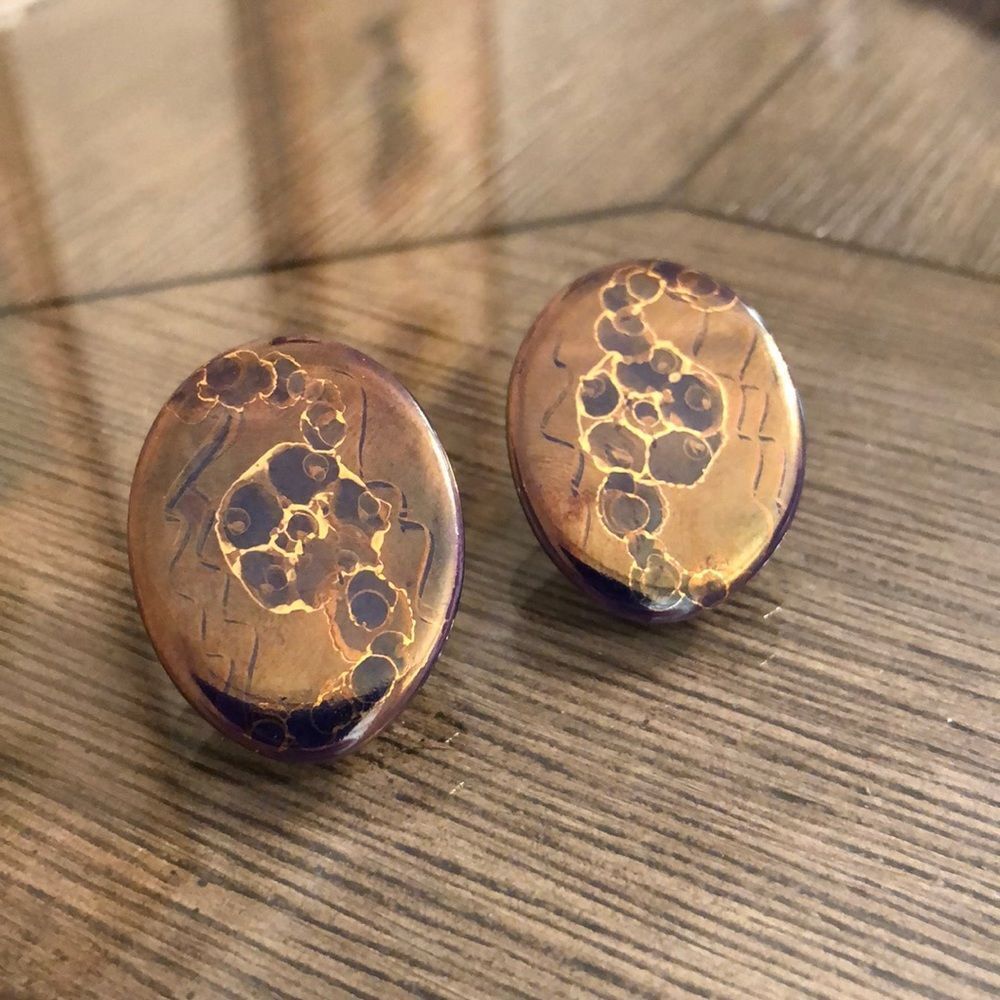 Vintage Oval Ceramic Oil Slick Earrings Purple & Gold